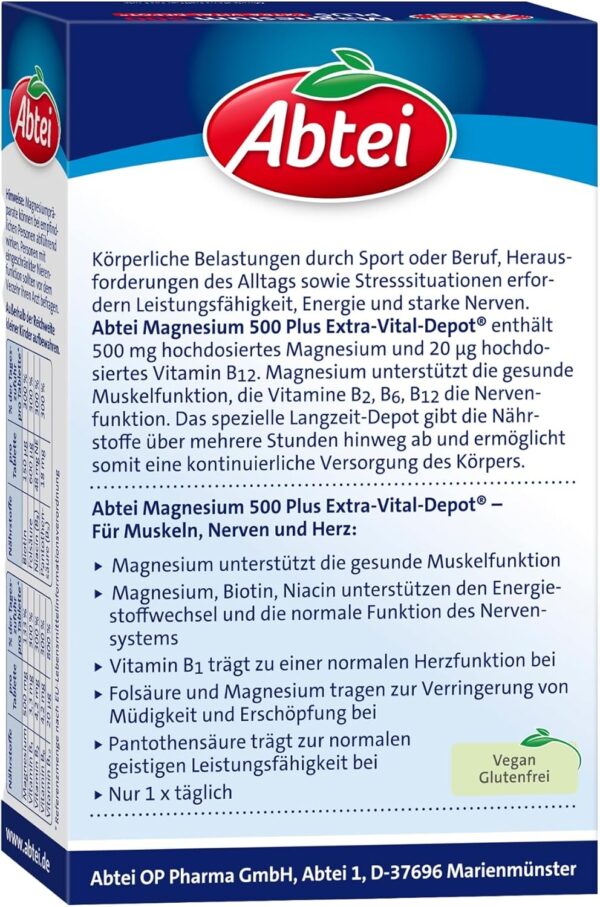Abtei Magnesium 500 Plus Extra-Vital-Depot - hochdosiert - mit allen B-Vitaminen - für Muskeln, Nerven und Herz - vegan - 42 Tabletten – Bild 5