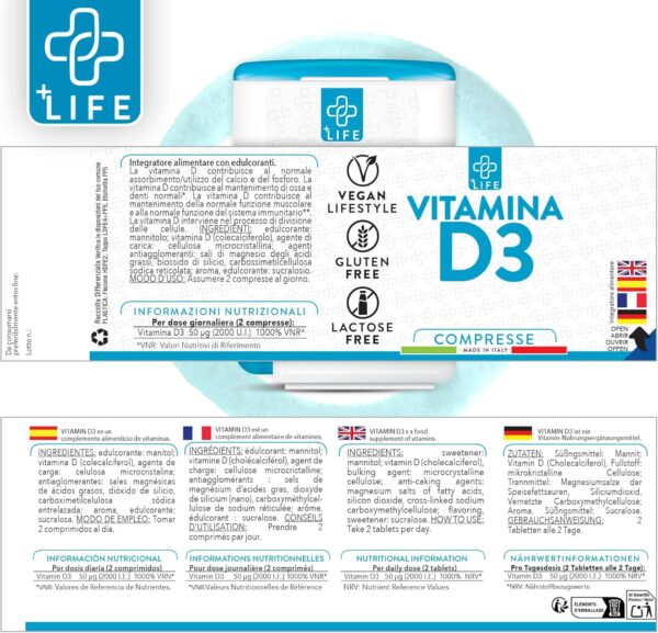 +LIFE - VITAMIN D3 Hochdoisert 2000 IU PiuLife Pocket® 600 Tabletten Reines Vit D3, Vitamin D3 2000 IE, Immunabwehr Knochen Muskeln Zähne Vegan Gluten und Laktose frei, Vitamin D3 Kapseln – Bild 4