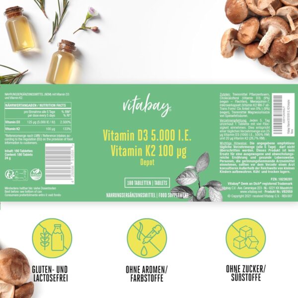 Vitabay Vitamin D3 K2 5000 IE - 180 Vegane Tabletten Vitamin D Hochdosiert - D3K2 Sonnenvitamine - Vit K2 D3 als Unterstützung für Immunsystem, Zähne, Knochen und Muskeln - Laborgeprüft – Bild 7