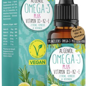 Omega-3 Algenöl PLUS - 40% DHA und 20% EPA mit Vitamin D3 + K2 + E - Zitrone und Rosmarinextrakt - Vegan (20ml = 4 Monats-Vorrat)