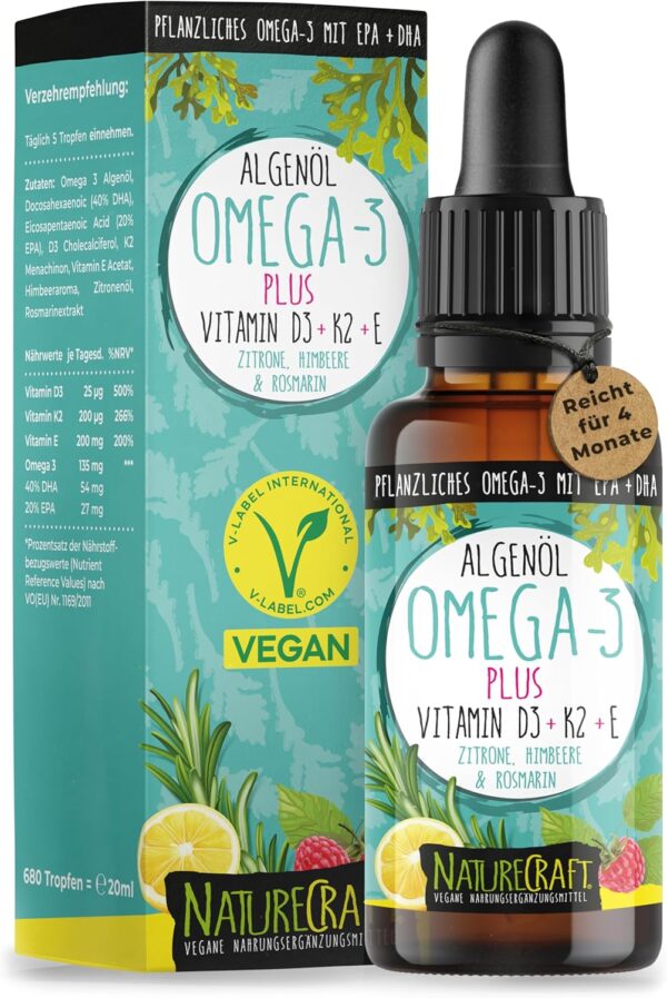 Omega-3 Algenöl PLUS - 40% DHA und 20% EPA mit Vitamin D3 + K2 + E - Zitrone und Rosmarinextrakt - Vegan (20ml = 4 Monats-Vorrat)