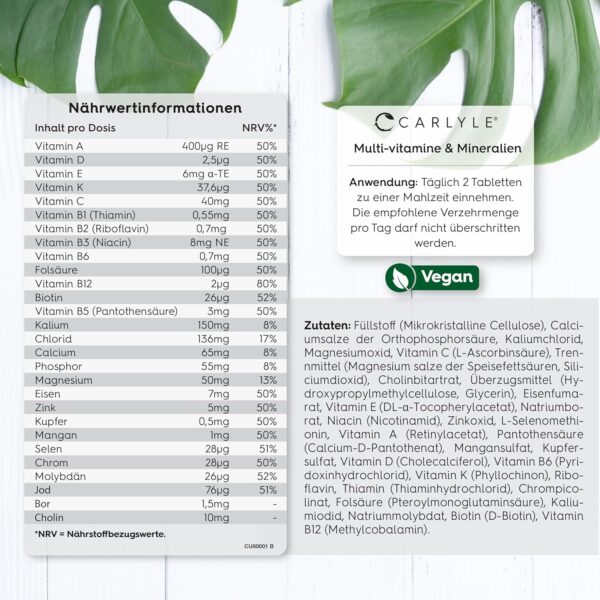 Multivitamin Tabletten Hochdosiert mit 28 Vitamine & Mineralien | 365 Vegane Stk | Immunsystem & Blutdruck (EFSA) | Nahrungsergänzungsmittel Frauen & Männer | Mineralstoffe Komplex | von Carlyle – Bild 3