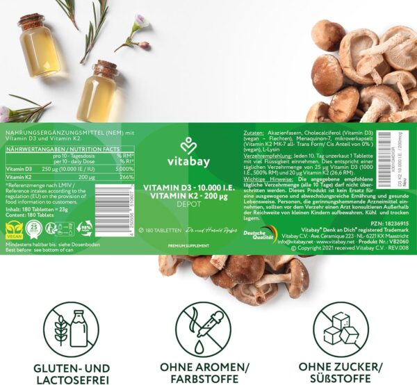 Vitabay Vitamin D3 K2 Hochdosiert 10000 IE Depot - 180 Vegane & Laborgeprüfte Vitamin D Tabletten ohne Zusätze - Trägt zur Unterstützung des Immunsystems und zur Erhaltung normaler Knochen bei – Bild 7