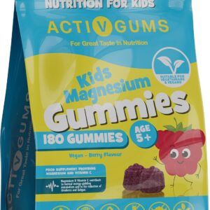 Kinder Magnesium-Gummis | 180 | Magnesiumcitrat & Vitamin C | Unterstützt Schlaf, Knochen, Immunsystem, Energie & Kognition | Wieder verschließbare, recycelbare Verpackung | Ab 5 Jahren | ActivGums®