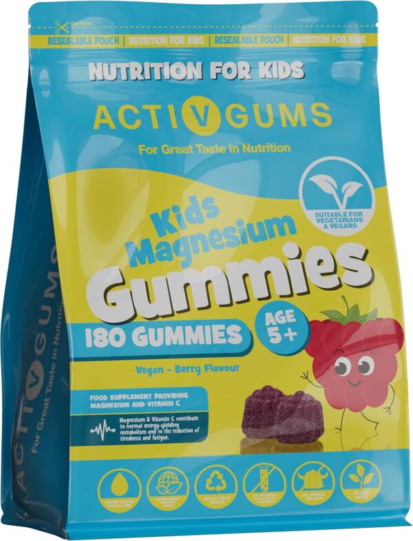 Kinder Magnesium-Gummis | 180 | Magnesiumcitrat & Vitamin C | Unterstützt Schlaf, Knochen, Immunsystem, Energie & Kognition | Wieder verschließbare, recycelbare Verpackung | Ab 5 Jahren | ActivGums®