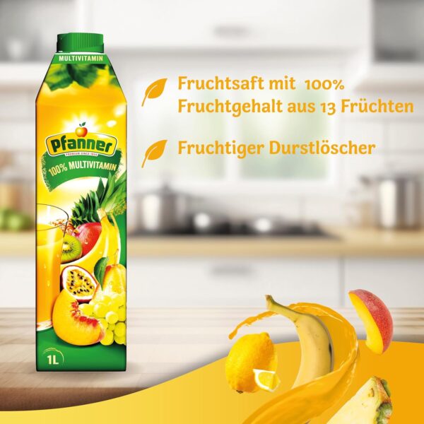 Pfanner Multivitaminsaft (8 x 1 l) - 100% Fruchtgehalt – Saft aus 13 Früchten - Mehrfruchtsaft im Vorratspack – Bild 2