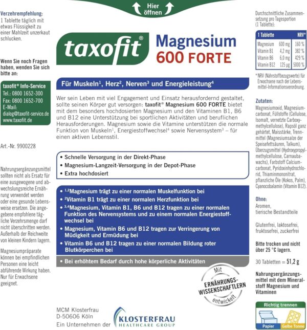 taxofit Magnesium 600 Forte | 5 x30 Tabletten hochdosiertes Magnesium 600mg + Vitamin B1+B6+B12 | Magnesiumoxid & Magnesiumcarbonat | für Muskeln¹, Herz² & Energie⁴ | Magnesium Versorgung für 30 Tage – Bild 3