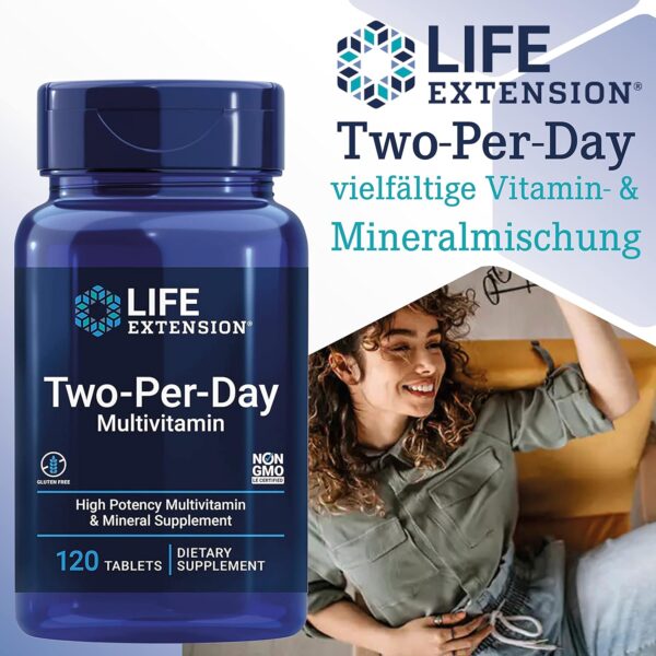 Life Extension, Multivitamin Two per Day, 120 Tabletten, Laborgeprüft, Glutenfrei, Sojafrei, Ohne Gentechnik, mit essentiellen Vitaminen und Mineralien – Bild 3