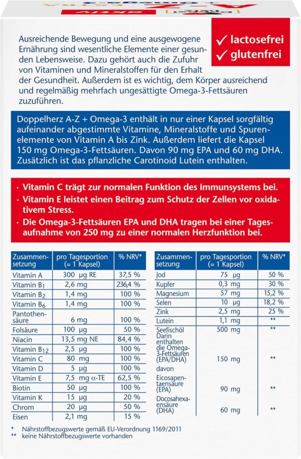Doppelherz A-Z + Omega-3 Extra - 20 Vitamine, Mineralstoffe & Spurenelemente + Omega-3 + Lutein - Nur 1 Kapsel täglich - 120 Kapseln – Bild 2