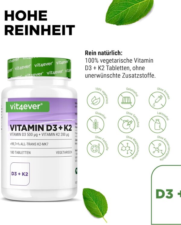Vitamin D3 20.000 I.E + Vitamin K2 200 mcg Menaquinon MK7 Depot - 180 Tabletten - 99,7+% All-Trans - Laborgeprüft- Vegetarisch - Hochdosiert - Premium Qualität – Bild 4
