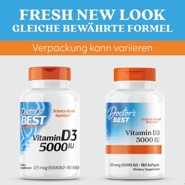 Doctor's Best, Vitamin D3, 5.000IU, Hochdosiert, Depot Wochendosis, 180 Weichkapseln, Laborgeprüft, Sojafrei, Glutenfrei, Ohne Gentechnik – Bild 10