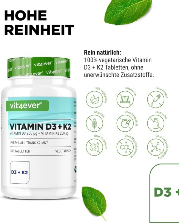 Vitamin D3 10.000 I.E + Vitamin K2 200 mcg Menaquinon MK7 Depot - 180 Tabletten - 99,7+% All-Trans (K2VITAL® von Kappa) - Laborgeprüft - Vegetarisch - Hochdosiert - Premium Qualität – Bild 4