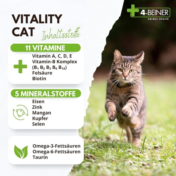 4-BEINER Vitality-CAT Vergleichssieger, 11 Vitamine für Katzen Plus Omega 3, Omega 6, Zink, Selen, Mangan, Kupfer, Eisen, Taurin, Multivitamine Katze – Bild 4