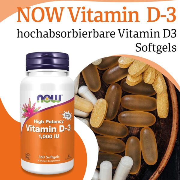 Now Foods, Vitamin D3, 1.000 IU, 360 Weichkapseln, Laborgeprüft, Hochdosiert, Glutenfrei, Sojafrei – Bild 3