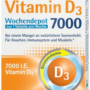 tetesept Vitamin D3 7000 Wochendepot – Vitamin D Tabletten bei einem Mangel an natürlichem Sonnenlicht – Nahrungsergänzungsmittel für Knochen, Immunsystem & Muskeln – 1 x 12 Tabletten