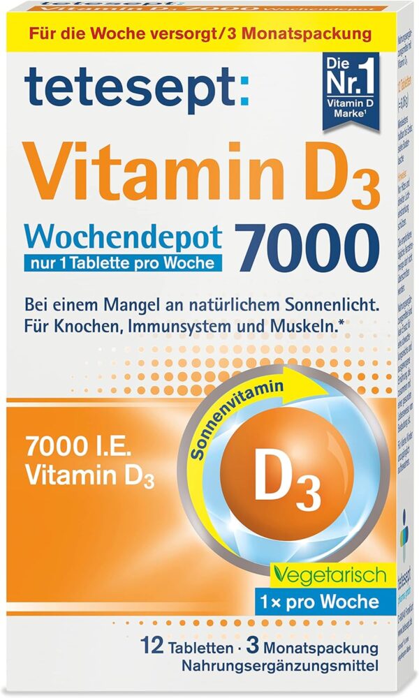 tetesept Vitamin D3 7000 Wochendepot – Vitamin D Tabletten bei einem Mangel an natürlichem Sonnenlicht – Nahrungsergänzungsmittel für Knochen, Immunsystem & Muskeln – 1 x 12 Tabletten