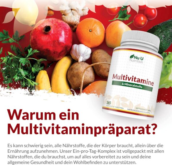 Multivitamin & Mineralstoffe A-Z - 365 Vegetarische Tabletten - 1 Jahresvorrat - 25 Vitamine und Mineralstoffe pro Tablette Hochdosiert - Hergestellt en Europa - Nu U Nutrition – Bild 9