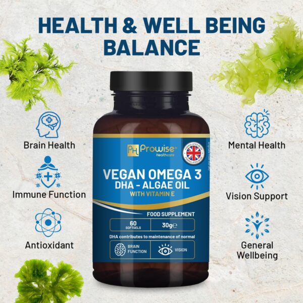 Prowise Vegan Omega-3 DHA aus Algenöl | 60 Softgelkapseln mit Vitamin E | 400mg DHA + 10mg Vitamin E | 100% pflanzlich | rein & nachhaltig angebaut – Bild 3