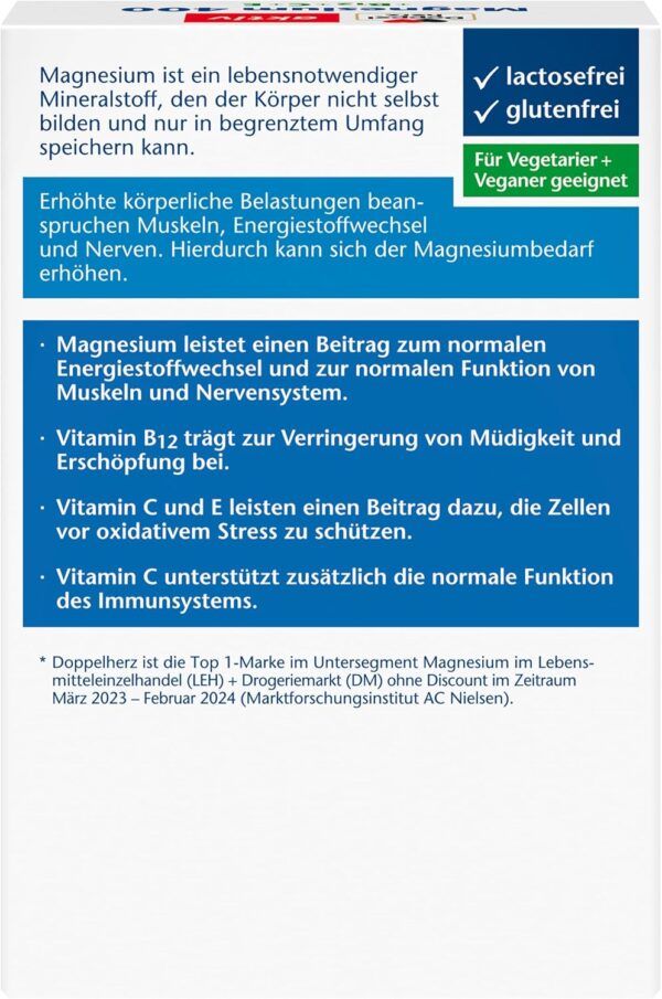 Doppelherz Magnesium 400 + B12 + C + E - Magnesium unterstützt die Muskeln und das Nervensystem - 30 vegane Tabletten – Bild 2
