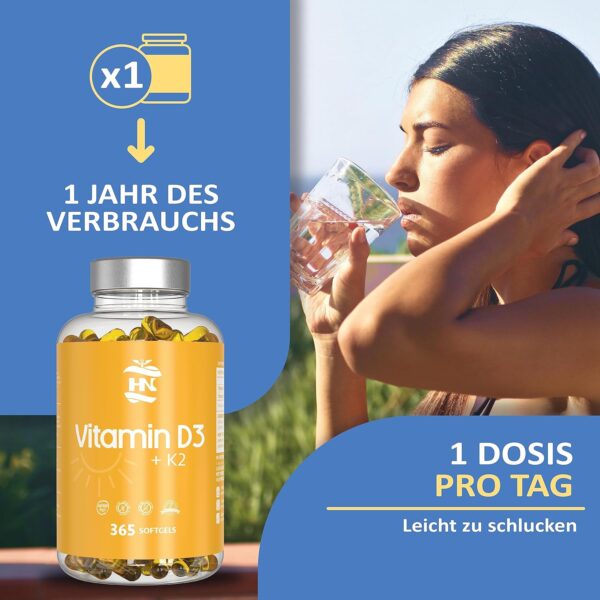 Vitamin D. (5000 IE) 365 Kapseln Vitamin D3 + K2 Hochdosiert Unterstützt Immun Und Knochenfunktion Hohe Konzentration Antioxidantien Antifettiga Weichkapseln Premium – Bild 6