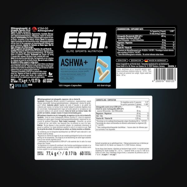 ESN Ashwa +, patentierter Ashwagandha Wurzelextrakt KSM-66®, 120 Kapseln, indische Schlafbeere, mit Magnesium, Vitamin B6 & Zink, vegan - made in Germany – Bild 4