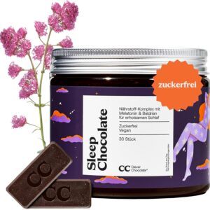 Sleep Chocolate mit Melatonin + Baldrian für verkürzte Einschlafzeit - Zuckerfrei - Wirksamere Alternative zu Melatonin Sprays/Gummies 0,5 mg - Hochdosiert - Vegan - Made in Germany - Clever Chocolate