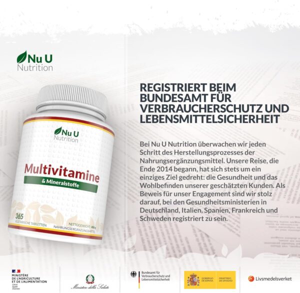 Multivitamin & Mineralstoffe A-Z - 365 Vegetarische Tabletten - 1 Jahresvorrat - 25 Vitamine und Mineralstoffe pro Tablette Hochdosiert - Hergestellt en Europa - Nu U Nutrition – Bild 4