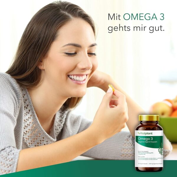 Vitalplant® Omega 3 Vegan | 250mg DHA + 150mg EPA pro Kapsel | 90 Kapseln hochdosierte Omega 3 Fettsäuren aus Algenöl | + Vitamin D3 | Pflanzliche Alternative zu Fischöl Kapseln – Bild 6