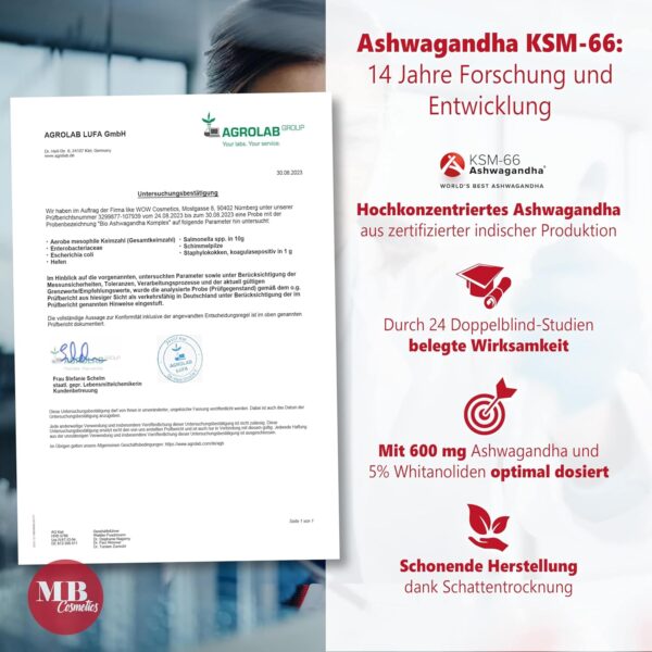 Ashwagandha Extrakt 180 Kapseln hochdosiert mit patentierten KSM-66 Premiumrohstoff - vegan Anti Stress, laborgeprüft mit indischer Schlaf-Beere, Tryptophan, Melatonin & Magnesium – Bild 7