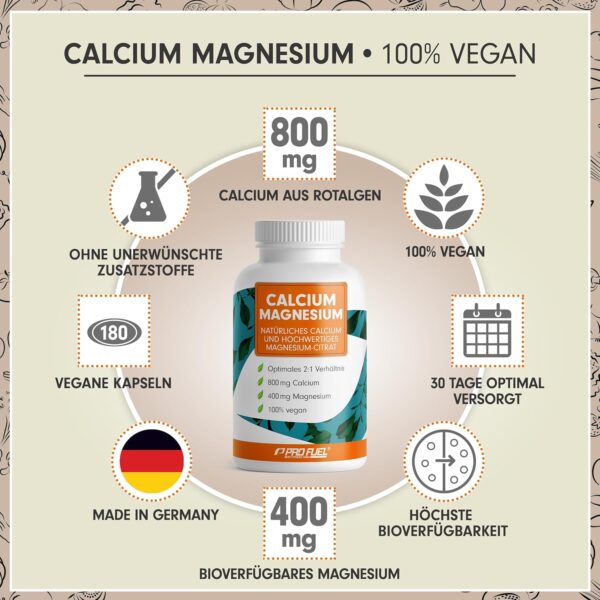 Calcium & Magnesium 180 Kapseln- hochdosiert mit 800 mg Calcium + 400 mg Magnesium pro Tag - hohe Bioverfügbarkeit durch natürliches Calcium aus Rotalgen und Magnesium-Citrat - laborgeprüft & vegan – Bild 2