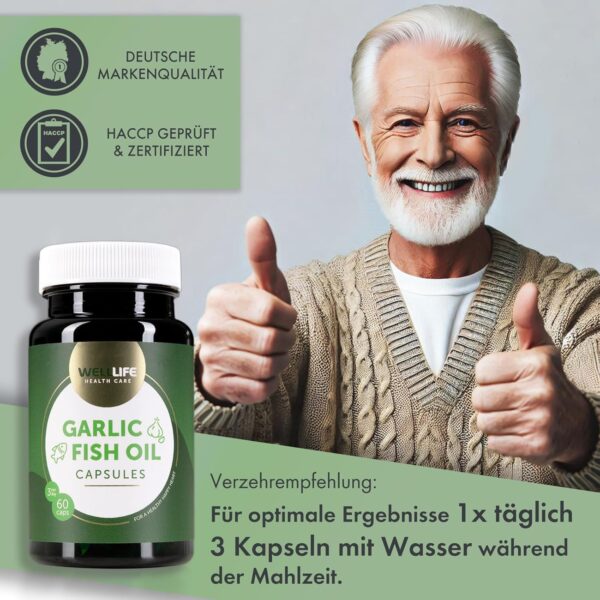 WellLife Knoblauch Fischöl Kapseln hochdosiert Vitamin E Omega 3 EPA & DHA Triglycerid Form Unterstützung Herz Kreislauf Blutdruck-Management 60 Tabletten – Bild 7