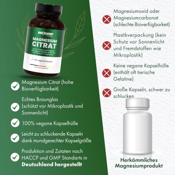 NEOLYMP Magnesiumcitrat Kapseln hochdosiert - 360mg elementares Magnesium pro Dosis - produziert in Deutschland - vegan, laborgeprüft & nachhaltiges Braunglas – Bild 3