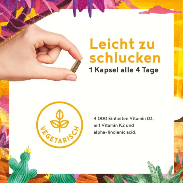 Vitamin D3 + K2 - hochdosiert 4.000 IE - 160 Kapseln - vitaMK-7, 99,99% All-Trans und pflanzliche Omega 3 Fettsäuren aus Leinsamen und Algen - SONNENVITAMINE – Bild 5