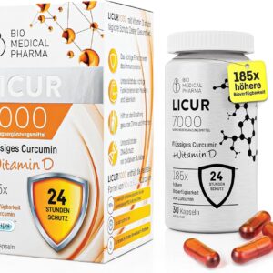 Kurkuma Kapseln mit Vitamin D3 – 185x Höhere Bioverfügbarkeit – Hochdosiertes Mizellen Curcumin – 1 Kapsel Täglich – Entspricht 6.600 mg Kurkuma Pulver – Licur 7000 mit Vitamin D (Monatspack)