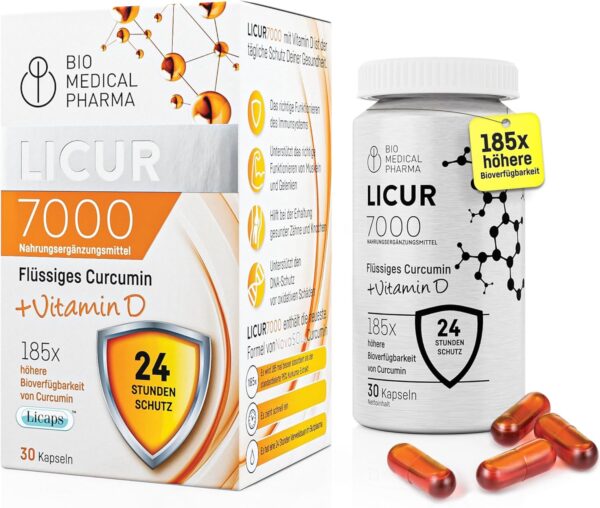Kurkuma Kapseln mit Vitamin D3 – 185x Höhere Bioverfügbarkeit – Hochdosiertes Mizellen Curcumin – 1 Kapsel Täglich – Entspricht 6.600 mg Kurkuma Pulver – Licur 7000 mit Vitamin D (Monatspack)