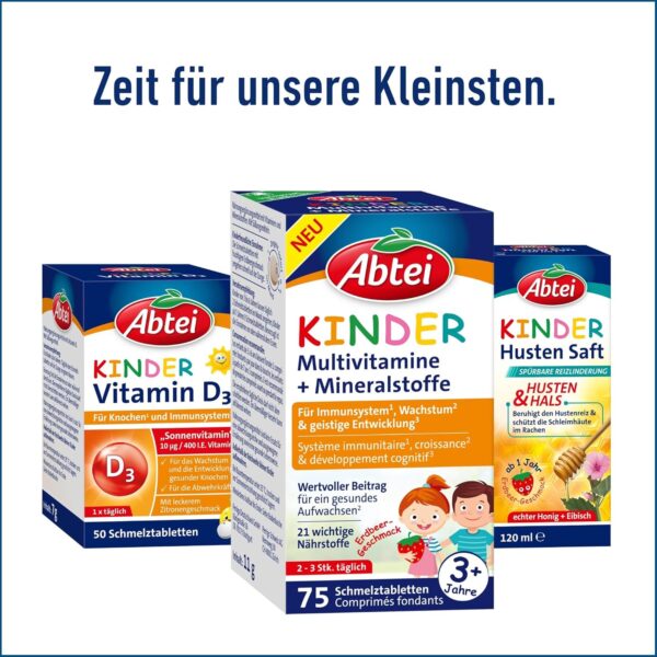 Abtei Kinder Multivitamine + Mineralstoffe - Für ein gesundes Aufwachsen* von Kindern - Ab 3 Jahren - Mit 21 wichtigen Nährstoffen - Glutenfrei, Laktosefrei, Gelatinefrei - 75 Schmelztabletten – Bild 6