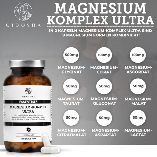 QIDOSHA® Magnesium Komplex hochdosiert, 300 Kapseln im Apothekerglas, 9 Magnesium-Formen mit sich ergänzenden Wirkschwerpunkten als Magnesium-Vollspektrum, 300mg elementares Magnesium/Tagesportion – Bild 3