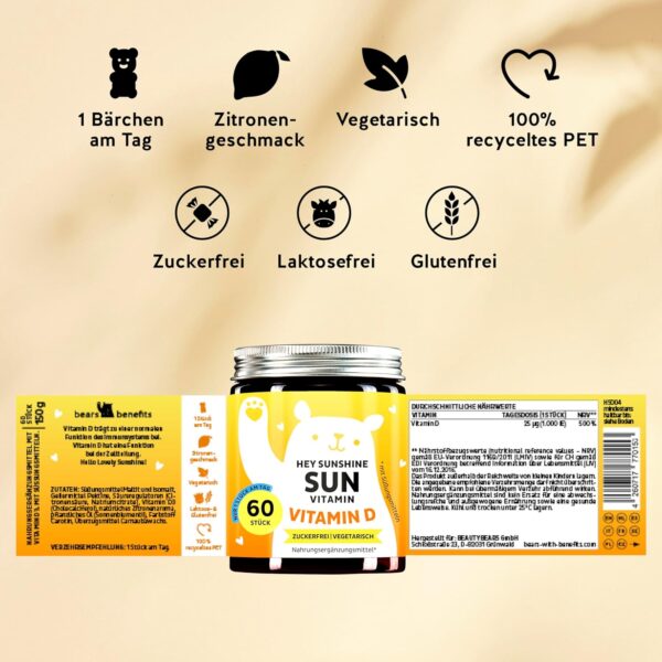 Vitamin D3 - Hochdosiert für starke Knochen, Immunsystem & Wohlbefinden - Depot mit 1000IE - unterstützung bei Mangel - Sonnenvitamin - 60 Stück - Vegetarisch - Zuckerfrei - Bears with Benefits​ – Bild 5