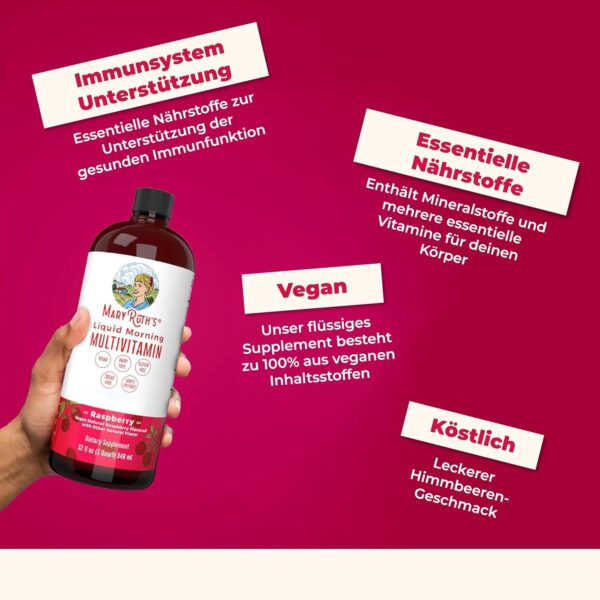 MaryRuth's, Liquid Morning Multivitamin Essentials+, 946ml, breites Spektrum an Vitaminen je Dosis, Himbeerengeschmack, Vegan, Glutenfrei, Sojafrei, GMO frei – Bild 7