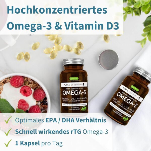 Omega 3 mit Vitamin D3, 80% Hochkonzentrierte DHA+EPA Omega 3 Kapseln, reines Fischöl aus Wildfang, ohne Fischgeschmack, 60 Softgelkapseln, 1 pro Tag, von Igennus – Bild 2
