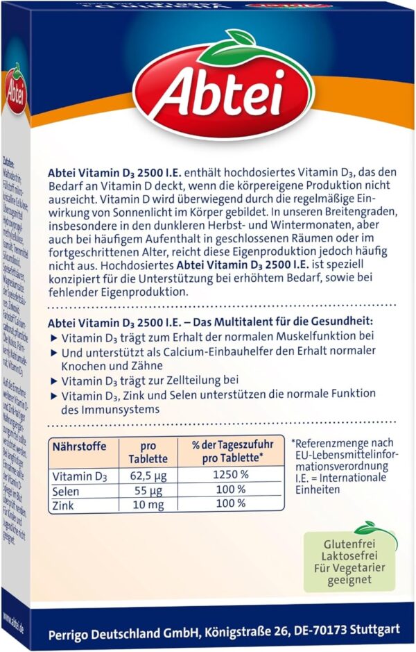 Abtei Vitamin D3 Forte Plus - mit Zink und Selen zum Erhalt gesunder Knochen, Zähne und zur Unterstützung des Immunsystems - 42 Tabletten 53 g, Anzahl Der Teile 1 – Bild 2