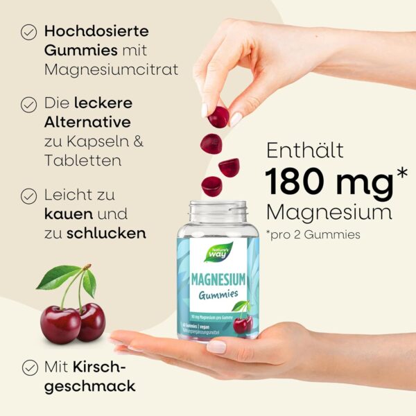 Magnesium Gummies hochdosiert - 180mg Magnesium für Kinder & Erwachsene aus Magnesiumcitrat für Muskeln und Nerven - laborgeprüft vegan Alternative zu Kapseln & Tabletten - 60 Stk hochdosiert – Bild 2