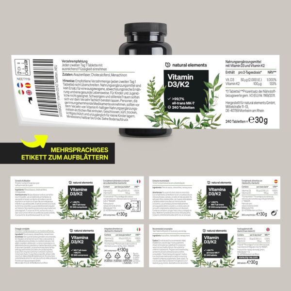 Vitamin D3 + K2 – > 99,7% all-trans MK-7 & 2000 IE Vitamin D3 – 240 Tabletten – hochdosiert, optimal bioverfügbar – ohne unnötige Zusätze – in Deutschland produziert – Bild 6