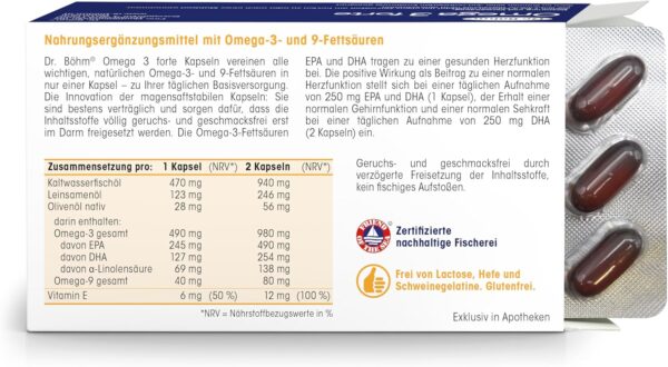 Dr. Böhm Omega 3 forte: Für Herz, Gehirn und Sehkraft der Augen, mit Omega-3-Fettsäuren (hochdosiert), Omega-9-Fettsäuren & Vitamin E, 60 Kapseln – Bild 2