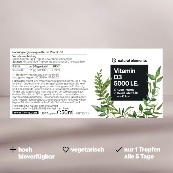 Vitamin D3 - Laborgeprüfte 5000 I.E. pro Tropfen - 50ml (1700 Tropfen) - In MCT-Öl aus Kokos - Hochdosiert, flüssig – Bild 5