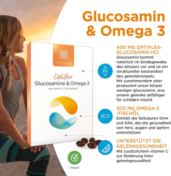 Healthspan Glucosamin & Omega 3 | Gelenkgesundheit | Zusätzliches Vitamin C | 400 mg Optiflex Glucosamin HCI | 300 mg Omega 3 Fischöl | hochgereinigt und nachhaltig angebaut | 120 Kapseln – Bild 3
