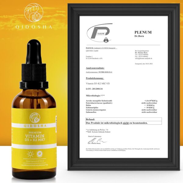 QIDOSHA® Premium Vitamin D3 K2 Tropfen, 50 ml, Wirkstoffmenge in externem Labor bestätigt, 1000 I.E. Vitamin D3 je Tropfen, hoch bioverfügbar durch K2 All-Trans, vegetarisch, Vitamin D Tropfen mit K2 – Bild 5