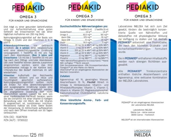 PEDIAKID - Omega 3 - Das mit der aus Fischöl gewonnenen Omega-3- Fettsäure DHA angereicherte - Vitamin A, C, D, E - Fördert die kognitiven Funktionen - 125ml – Bild 2