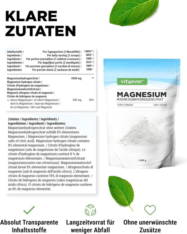 Magnesium Pure - 600 g Pulver (4,3 Monate Vorrat) - Laborgeprüft (Wirkstoffgehalt & Reinheit) - Reines Pulver ohne Zusatzstoffe - Premium Qualität - Vegan – Bild 5