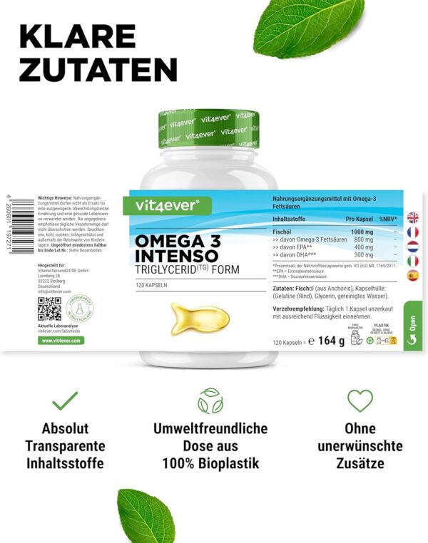 Premium Omega 3 mit 80% Fettsäuren - 120 Kapseln - 1000 mg Fischöl pro Kapsel mit EPA & DHA - Triglycerid-Form - Aufwendig gereinigt aus nachhaltigem Fischfang – Bild 4